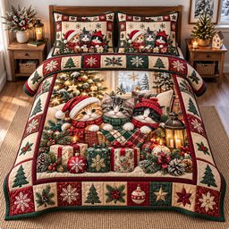 Festive Cat 3 Piece Quilted Bedding Set Christmas Gift For Cat Lovers