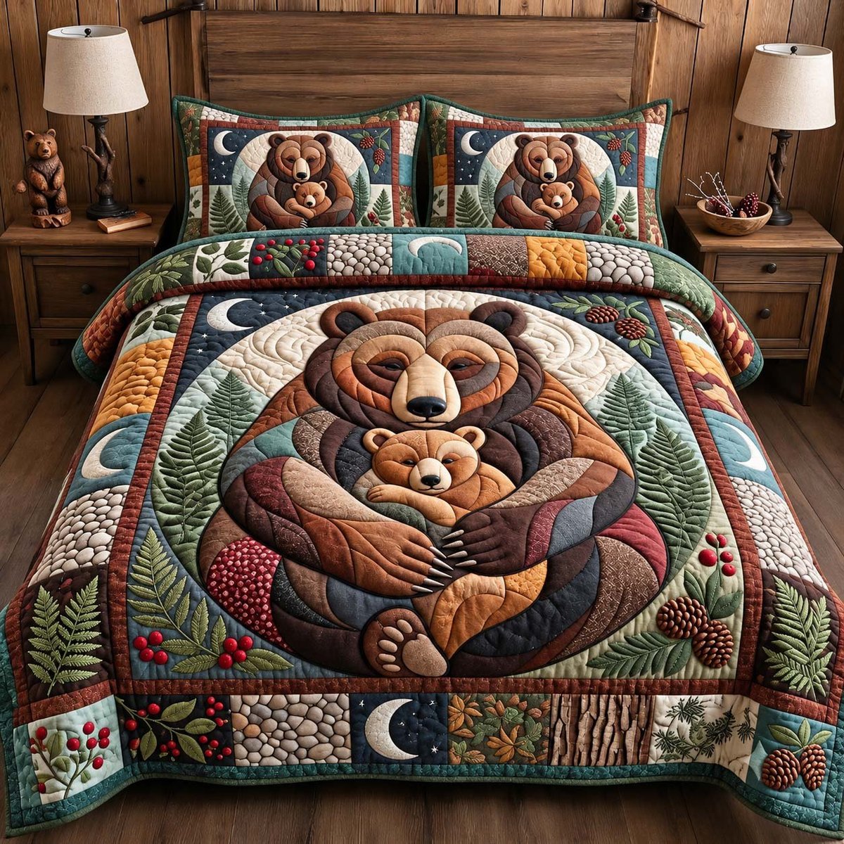 Mama Bear and Cub 3 Piece Quilted Bedding Set Gift For Bear Lovers
