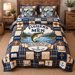 Fisher of Men Christian 3 Piece Quilted Bedding Set Gift For Christians