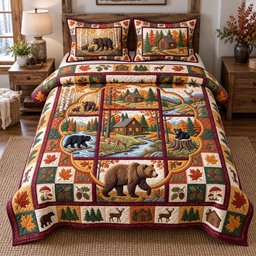 Autumn Forest Patchwork 3 Piece Quilted Bedding Set Gift For Nature Lovers