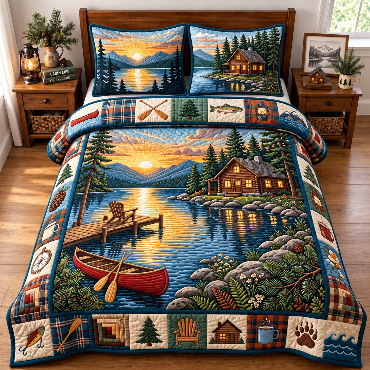 Golden Hour Lakeside Deer 3 Piece Quilted Bedding Set Gift For Hunters