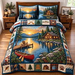 Golden Hour Lakeside Deer 3 Piece Quilted Bedding Set Gift For Hunters