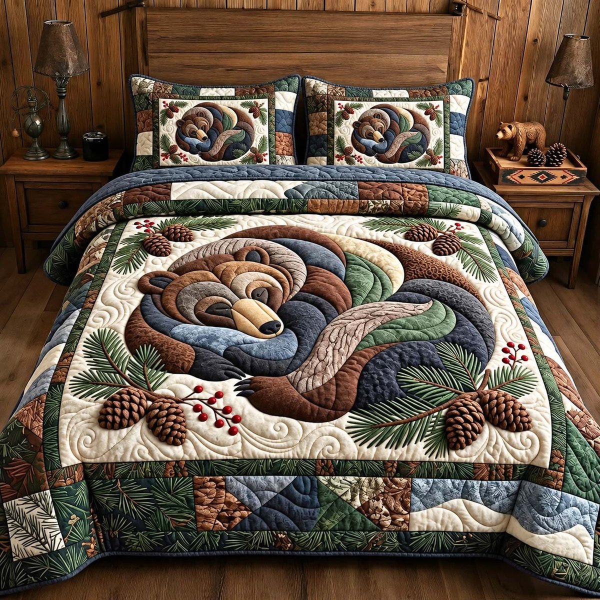 Sleeping Bear Forest 3 Piece Quilted Bedding Set Gift For Bear Lovers