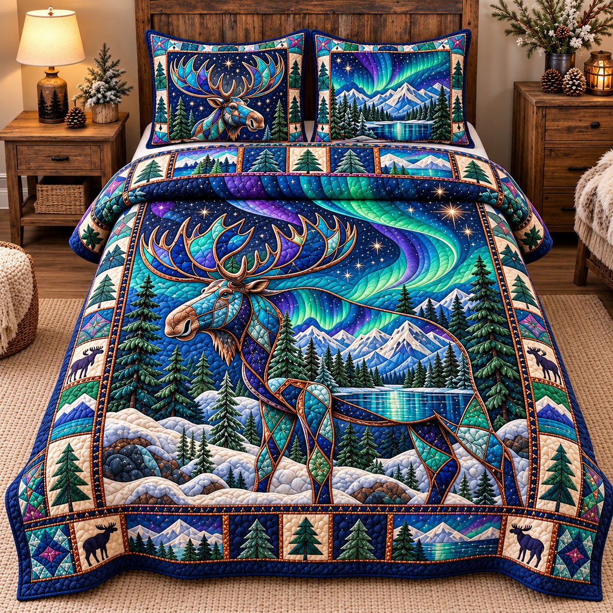 Mystic Aurora Moose 3 Piece Quilted Bedding Set Gift For Nature Lovers