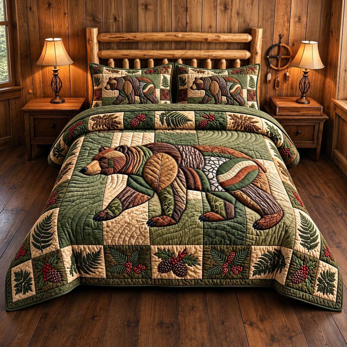 Evergreen Bear 3 Piece Quilted Bedding Set Gift For Bear Lovers