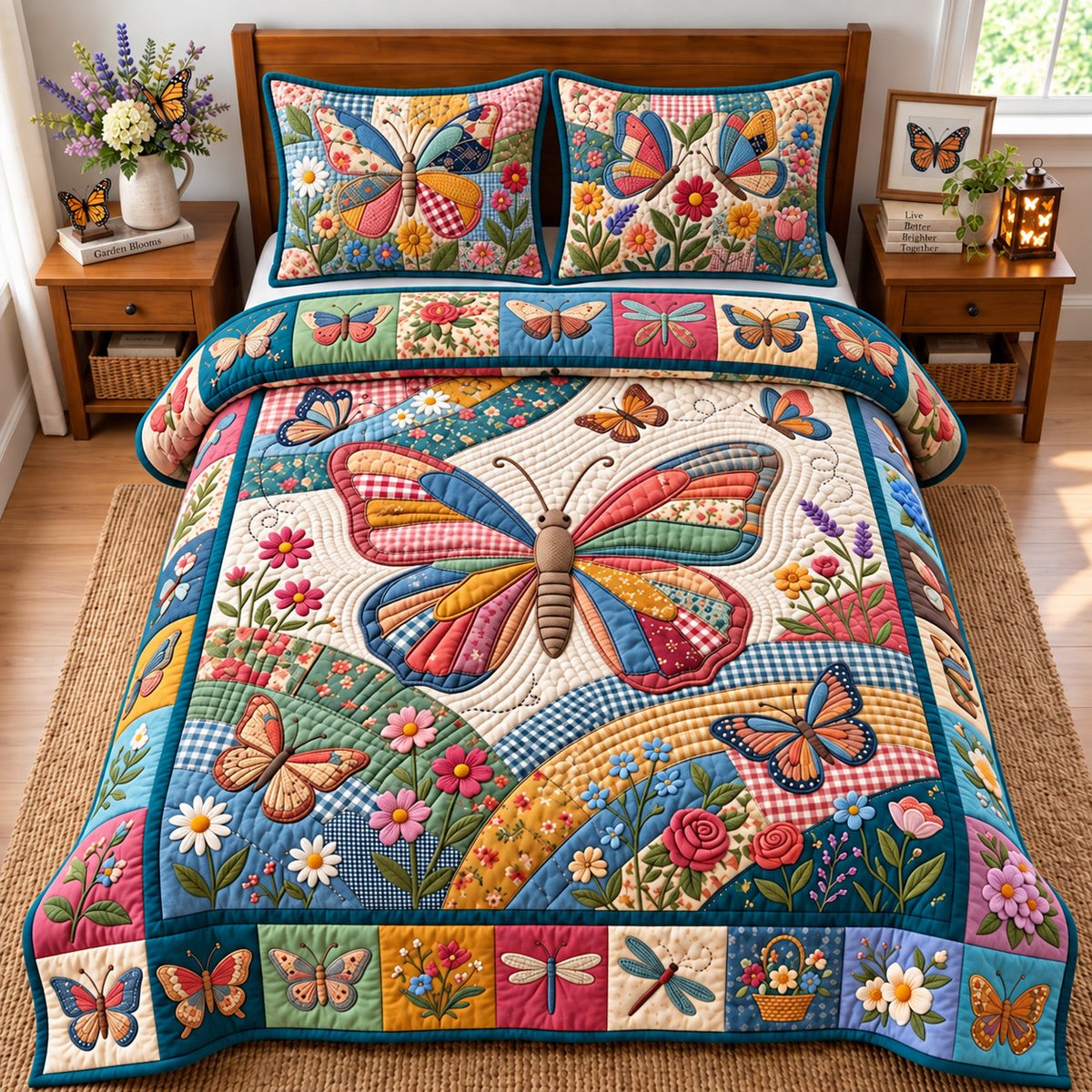Patchwork Butterfly 3 Piece Quilted Bedding Set Gift For Butterfly Lovers