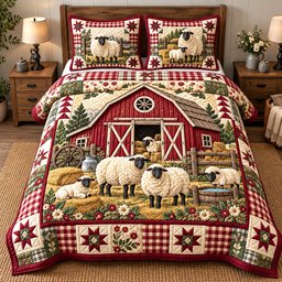 Crimson Barnyard Mates 3 Piece Quilted Bedding Set Gift For Farmhouse Decor Lovers