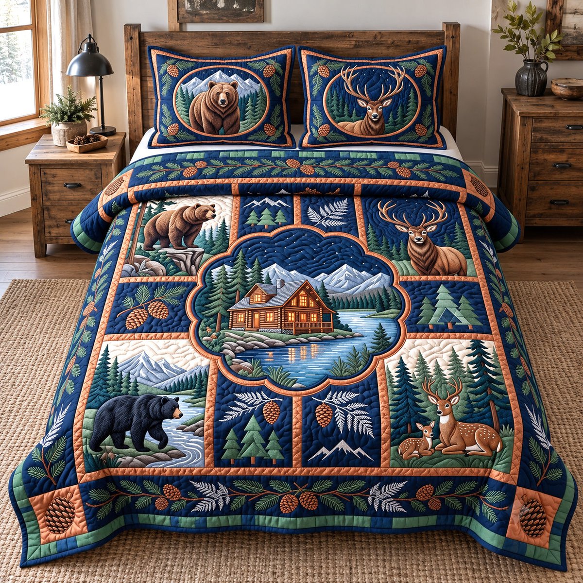 Midnight Forest Patchwork 3 Piece Quilted Bedding Set Gift For Nature Lovers