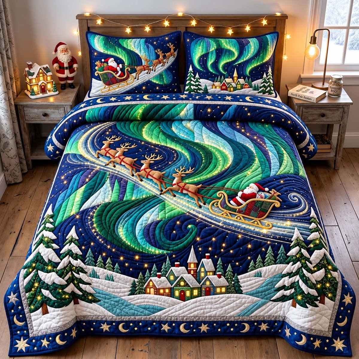Northern Lights 3 Piece Quilted Bedding Set Christmas Gift For Holiday Decor Lovers