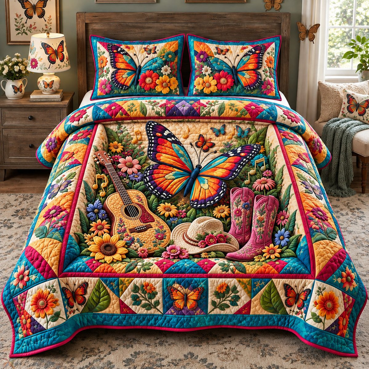 Butterfly Country Garden 3 Piece Quilted Bedding Set Gift For Butterfly Lovers