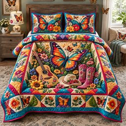 Butterfly Country Garden 3 Piece Quilted Bedding Set Gift For Butterfly Lovers