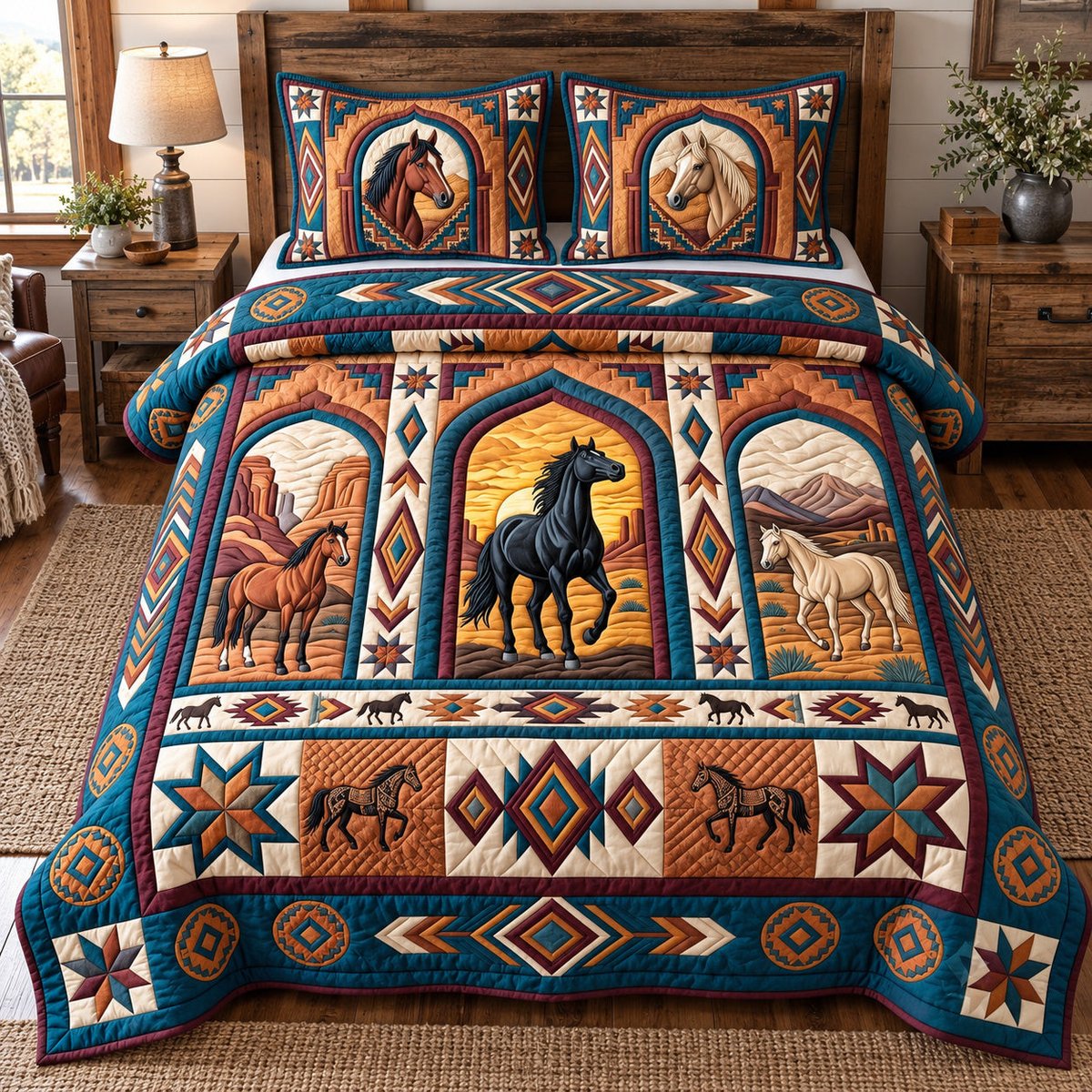 Tribal Horse Spirit 3 Piece Quilted Bedding Set Gift For Horse Lovers
