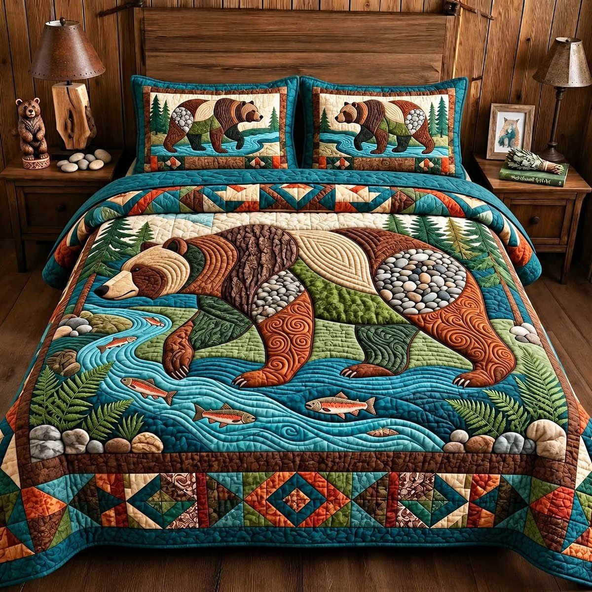 River Bear Adventure 3 Piece Quilted Bedding Set Gift For Bear Lovers
