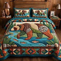 River Bear Adventure 3 Piece Quilted Bedding Set Gift For Bear Lovers