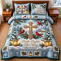 Faith Lights 3 Piece Quilted Bedding Set Gift For Christians