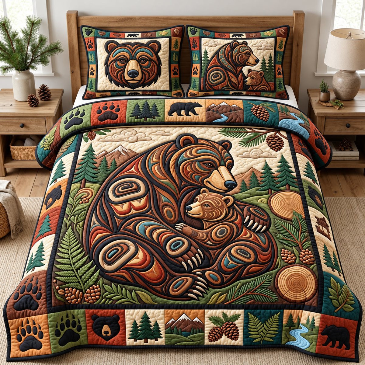 Rustic Bear 3 Piece Quilted Bedding Set Gift For Bear Lovers