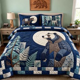 Moonlit Woodland Bear 3 Piece Quilted Bedding Set Gift For Bear Lovers