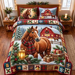 Festive Horse 3 Piece Quilted Bedding Set Christmas Gift For Horse Lovers