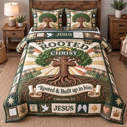 Rooted in Christ Christian 3 Piece Quilted Bedding Set Gift For Christians
