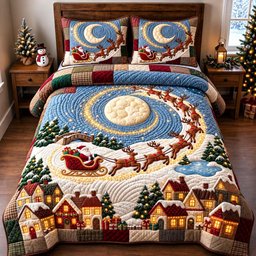 Moon Spiral Sleigh 3 Piece Quilted Bedding Set Christmas Gift For Holiday Decor Lovers