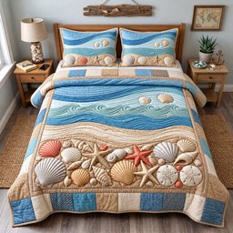 Seashell Shoreline Beach 3 Piece Quilted Bedding Set Gift For Beach Lovers