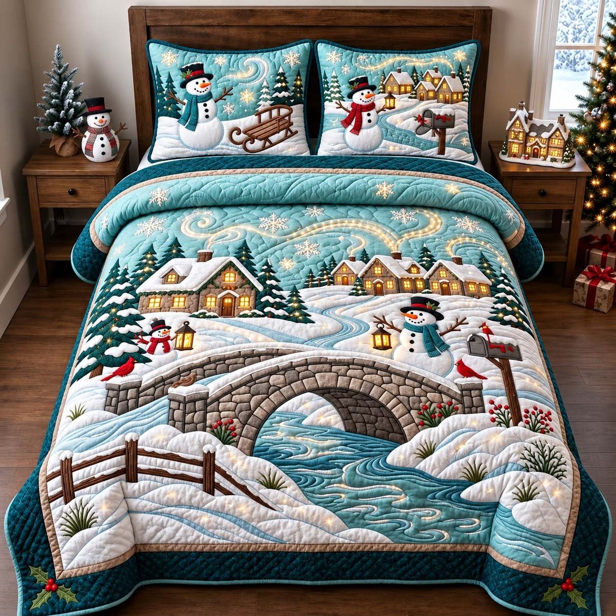 Snowman River Crossing 3 Piece Quilted Bedding Set Gift For Holiday Decor Lovers