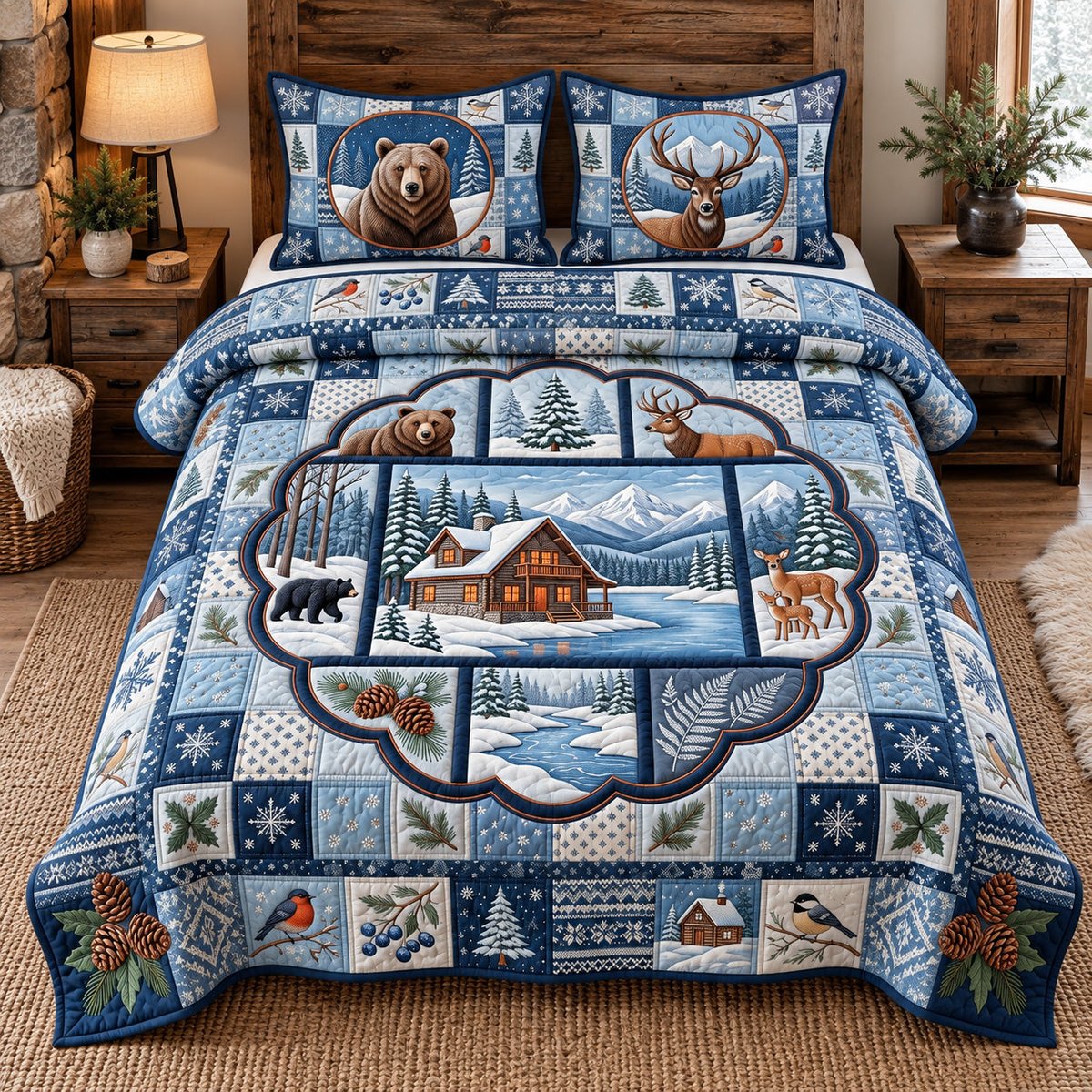 Winter Forest Patchwork 3 Piece Quilted Bedding Set Christmas Gift For Nature Lovers