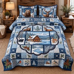 Winter Forest Patchwork 3 Piece Quilted Bedding Set Christmas Gift For Nature Lovers