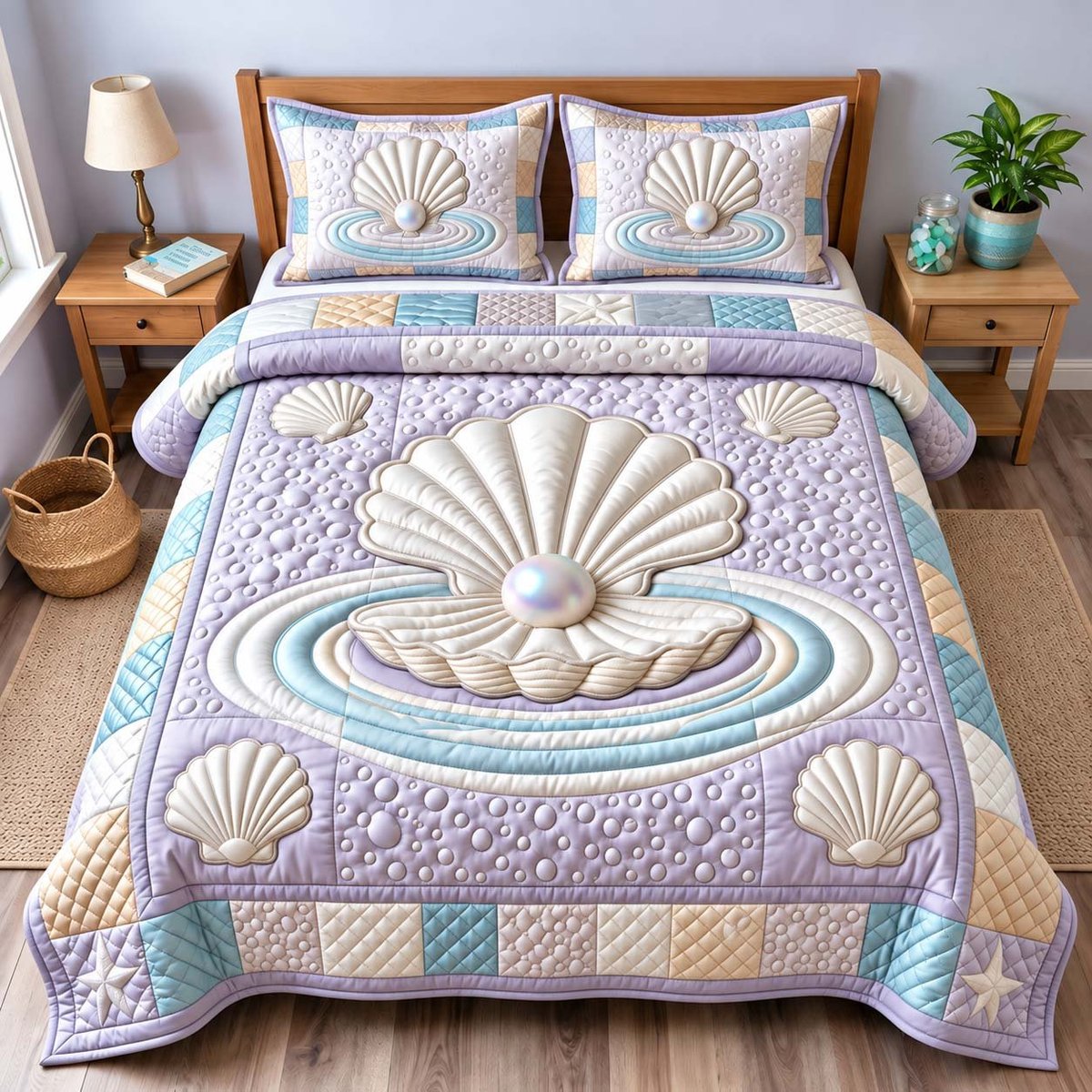 Pearl Seashell Beach 3 Piece Quilted Bedding Set Gift For Beach Lovers