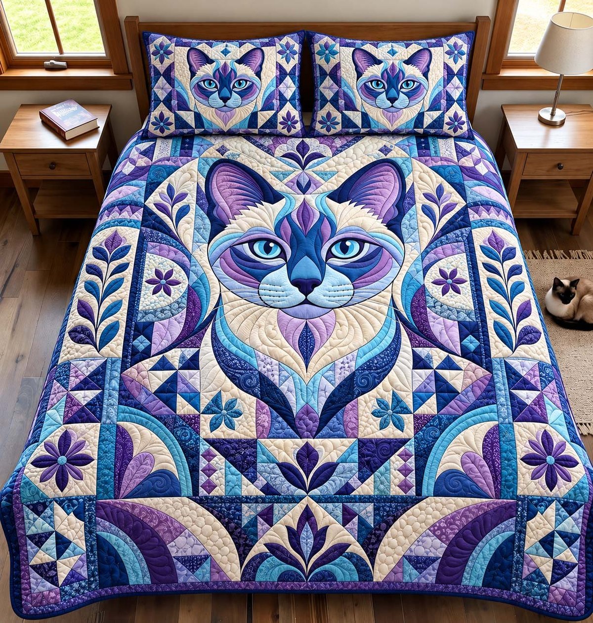Mystic Cat 3 Piece Quilted Bedding Set Gift For Cat Lovers