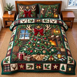 Rustic Tree Cardinal 3 Piece Quilted Bedding Set Christmas Gift For Holiday Decor Lovers