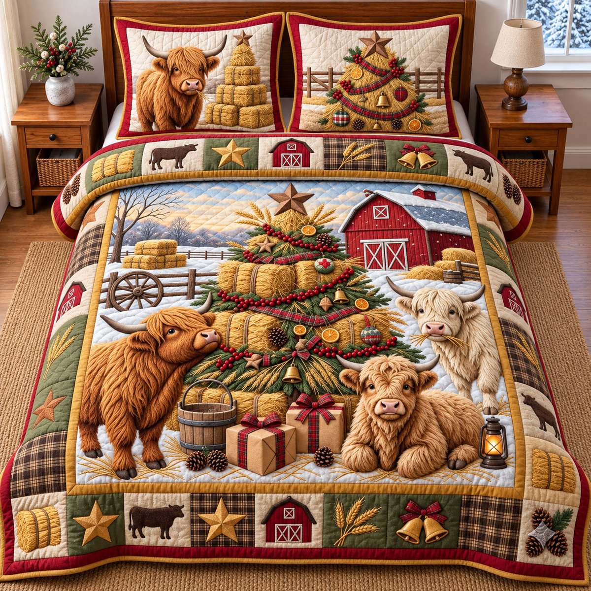 Highland Farm 3 Piece Quilted Bedding Set Gift For Cow Lovers