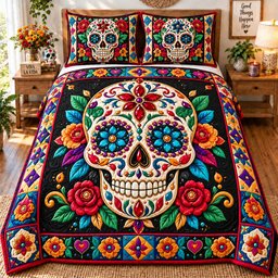 Sugar Skull Fiesta 3 Piece Quilted Bedding Set Gift For Gothic Decor Lovers