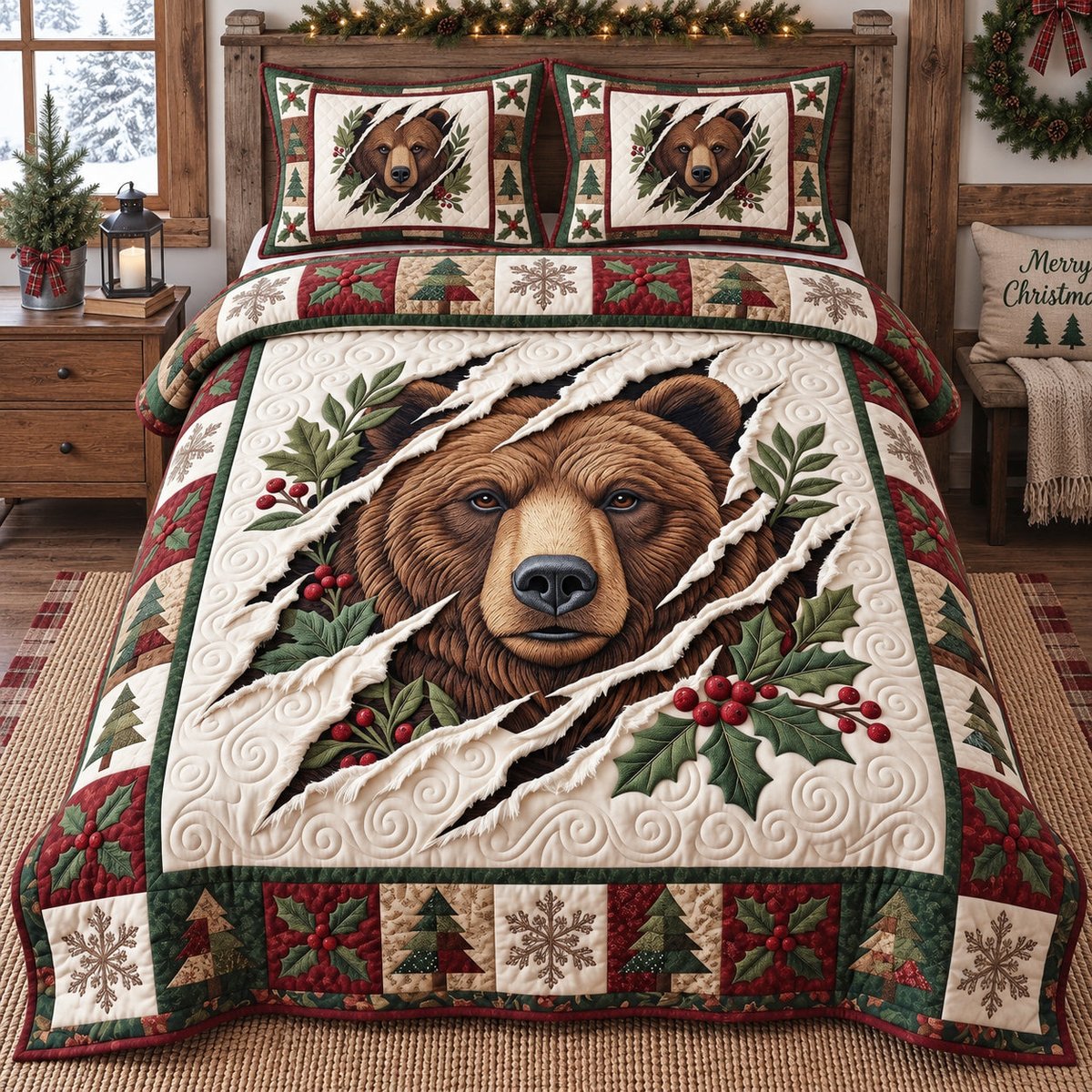 Festive Brown Bear 3 Piece Quilted Bedding Set Christmas Gift For Bear Lovers