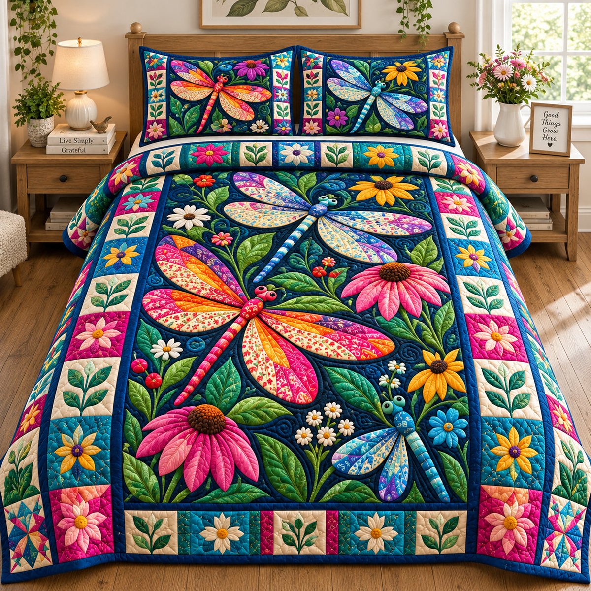 Dragonfly Meadow Glow 3 Piece Quilted Bedding Set Gift For Butterfly Lovers