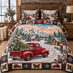 Winter Village Truck 3 Piece Quilted Bedding Set Christmas Gift For Farmhouse Decor Lovers