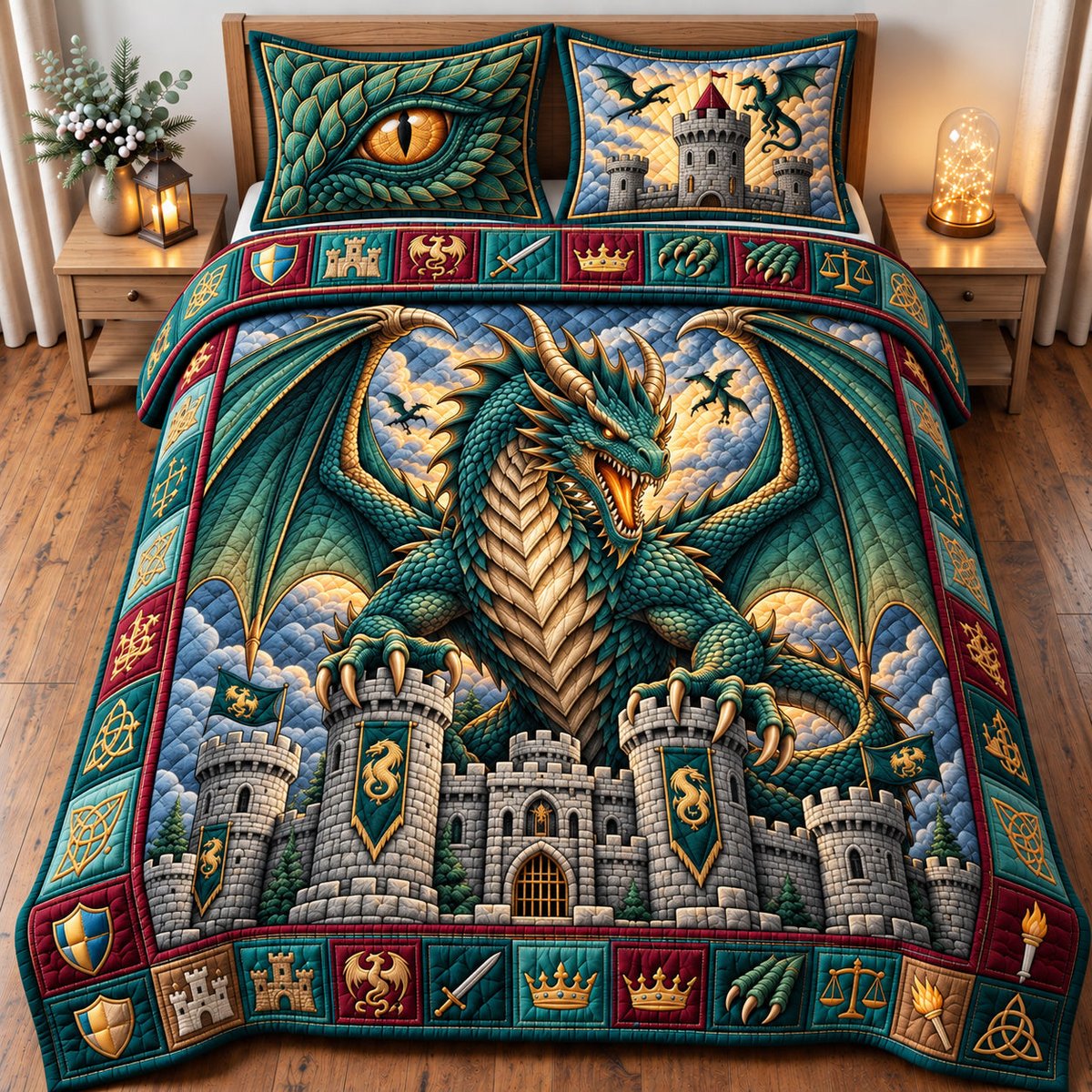 Sapphire Dragon 3 Piece Quilted Bedding Set Gift For Fantasy Lovers