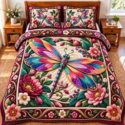 Dragonfly Garden Magic 3 Piece Quilted Bedding Set Gift For Butterfly Lovers