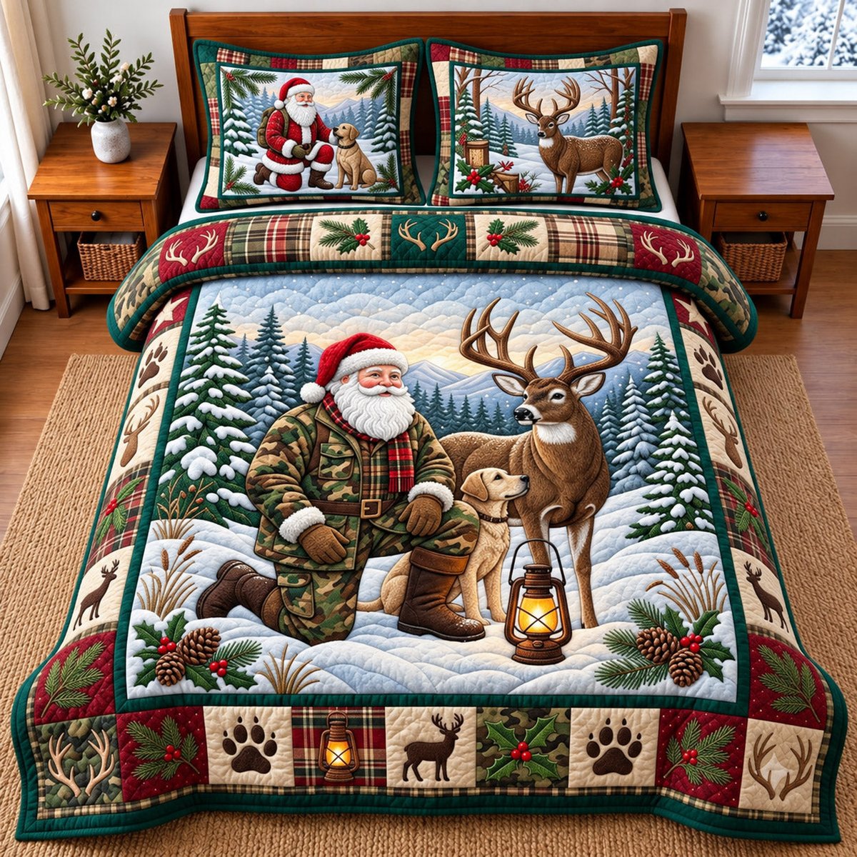 Santa Deer Hunt 3 Piece Quilted Bedding Set Christmas Gift For Hunters