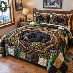 Forest Roots Bear 3 Piece Quilted Bedding Set Gift For Bear Lovers