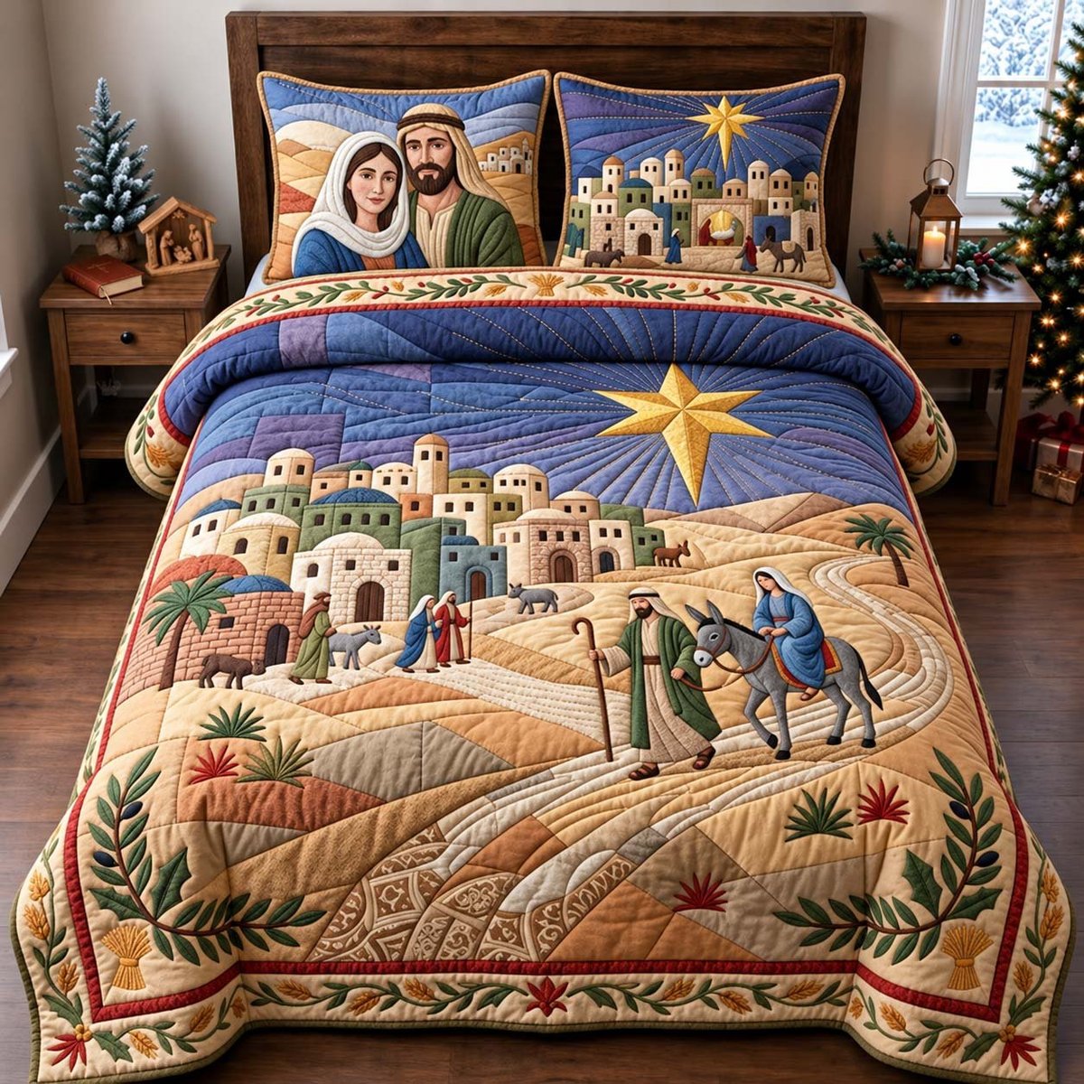 Journey to Bethlehem Christian 3 Piece Quilted Bedding Set Gift For Christians