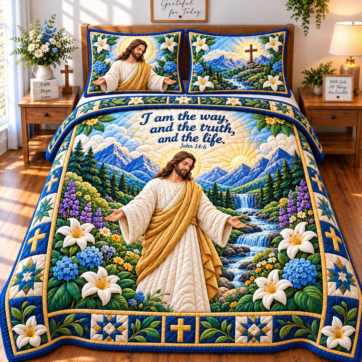 Peaceful Christian 3 Piece Quilted Bedding Set Gift For Christians