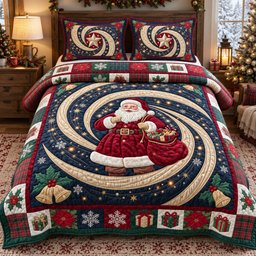 Santa Starry Night 3 Piece Quilted Bedding Set Christmas Gift For Holiday Decor Lovers