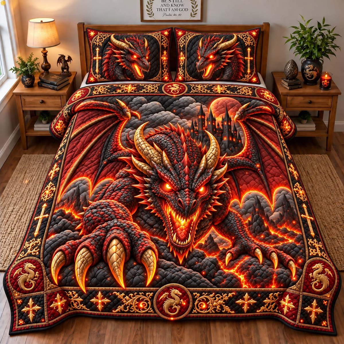 Inferno Dragon 3 Piece Quilted Bedding Set Gift For Fantasy Lovers