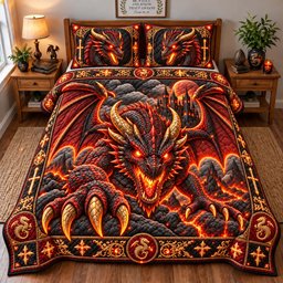 Inferno Dragon 3 Piece Quilted Bedding Set Gift For Fantasy Lovers