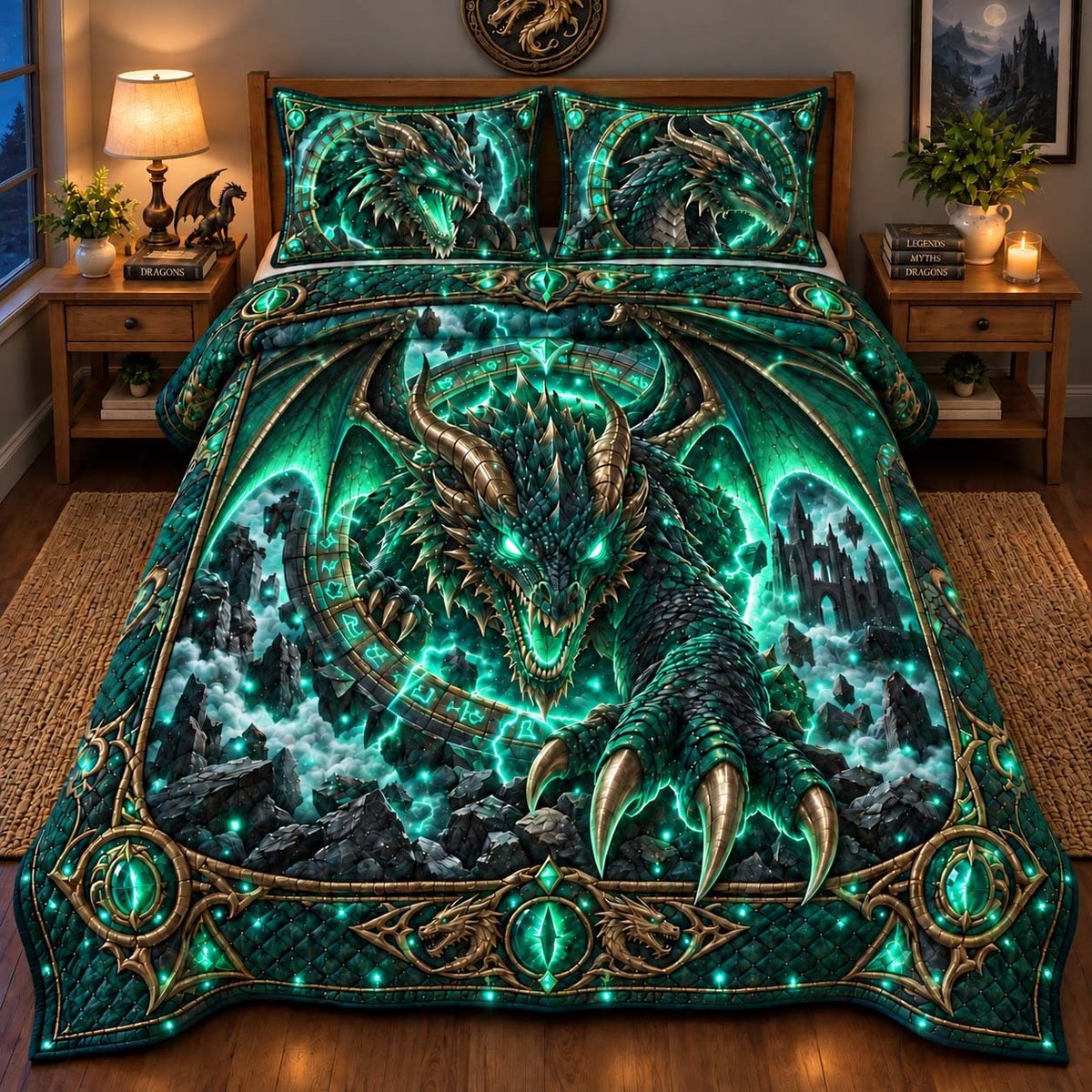 Arcane Dragon 3 Piece Quilted Bedding Set Gift For Fantasy Lovers