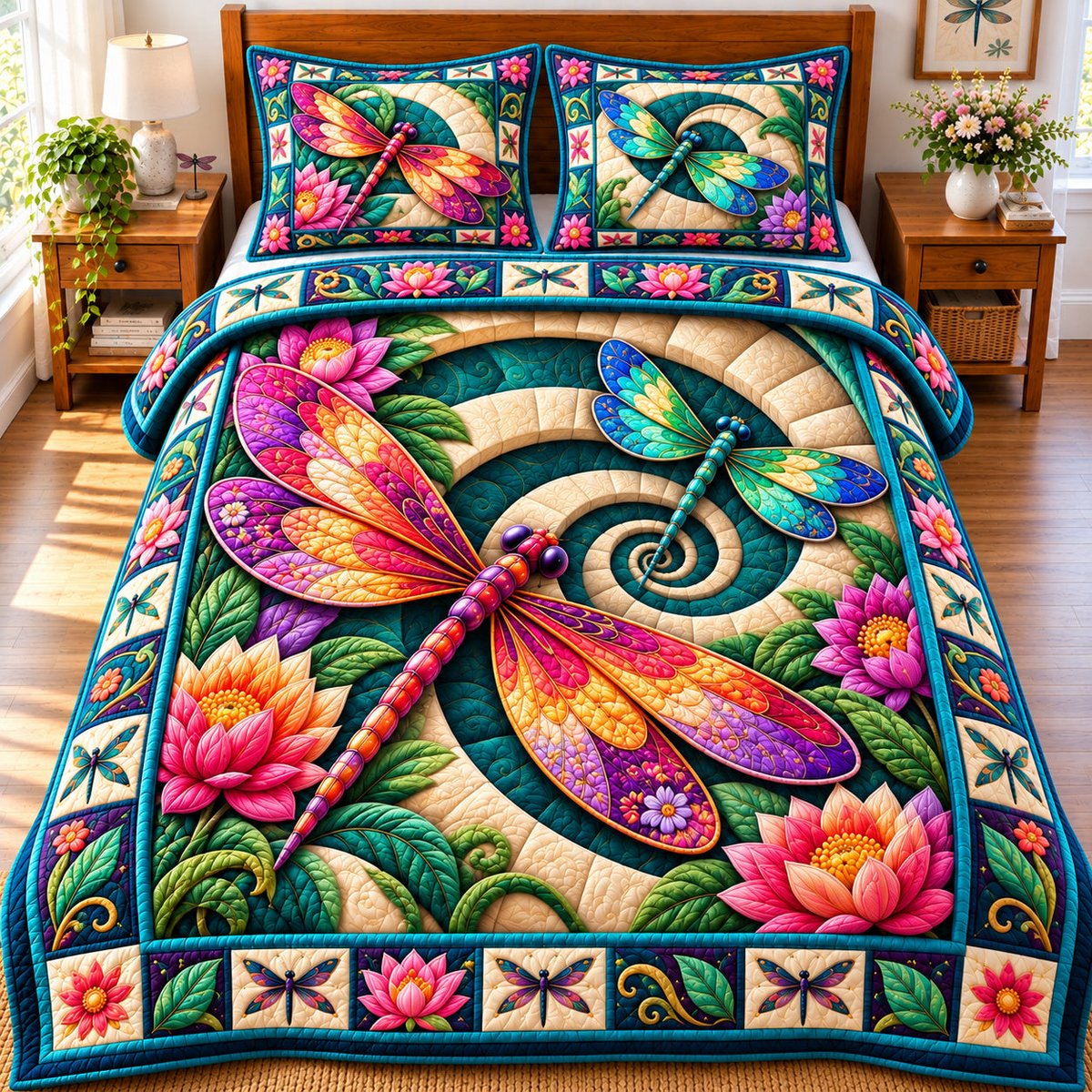 Dragonfly Summer Bliss 3 Piece Quilted Bedding Set Gift For Butterfly Lovers