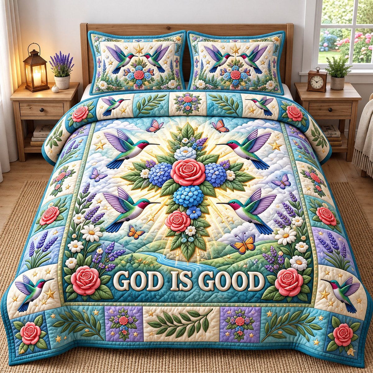Christian Hummingbird 3 Piece Quilted Bedding Set Gift For Bird Lovers