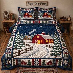 Winter Red Barn 3 Piece Quilted Bedding Set Gift For Farmhouse Decor Lovers