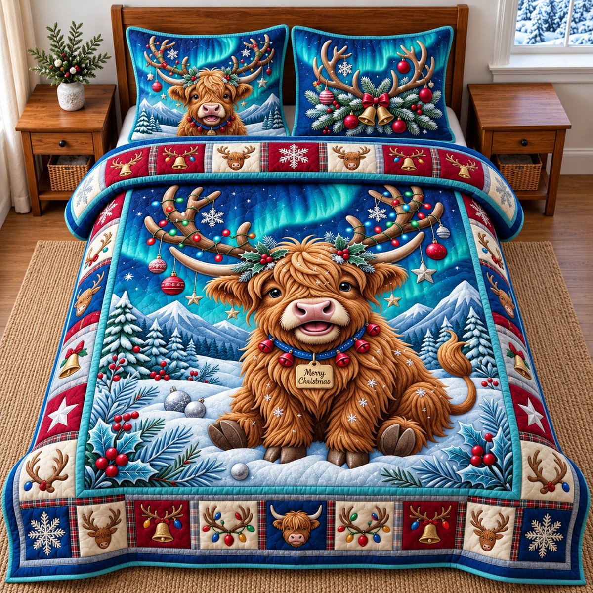 Highland 3 Piece Quilted Bedding Set Christmas Gift For Cow Lovers